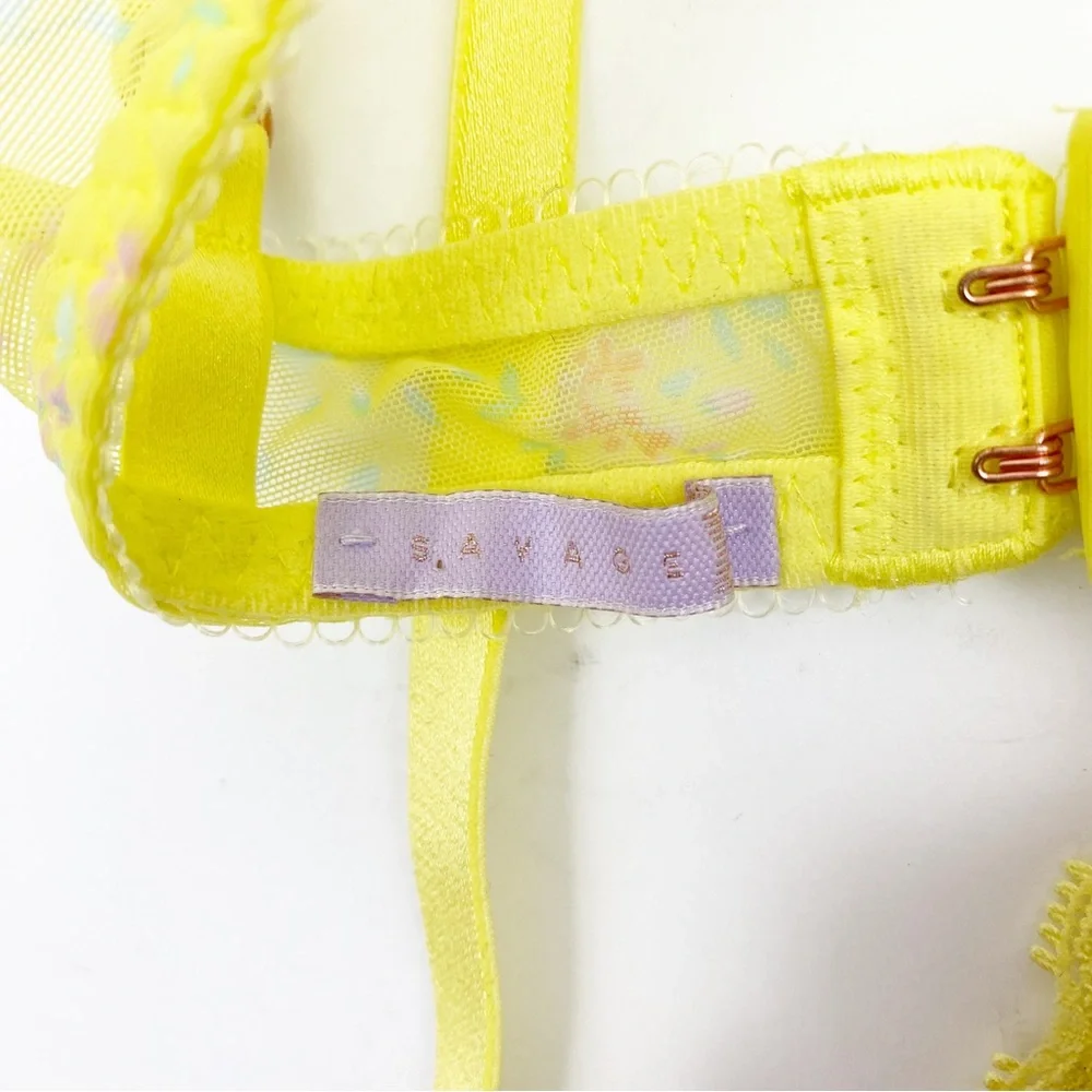 Savage X Fenty Ditsy Floral Limelight Unlined Mesh Lace Bralette Yellow Pink